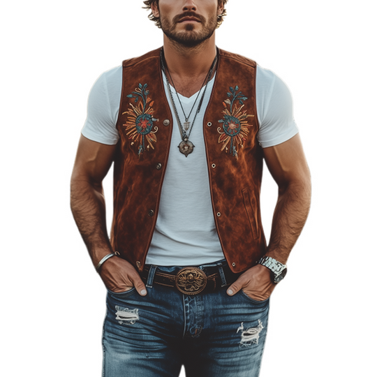Men's Classic Retro Western Cowboy Suede Embroidered Vest 9909010464952