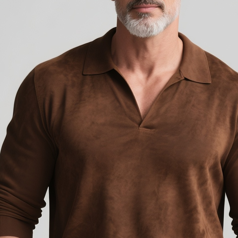 Men's Solid Faux Suede Lapel Long Sleeve Polo Shirt DTT25073113