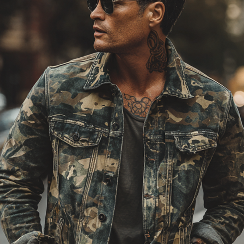 Men's Vintage Camouflage Print Lapel Jacket DTT25080714