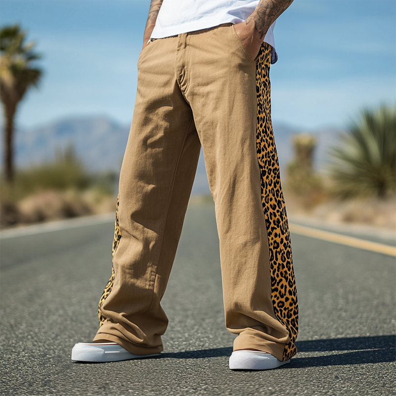 Men's Spring And Summer Casual Western Cowboy Style Cotton And Linen Splicing Leopard Print Loose Pants DTT25060611