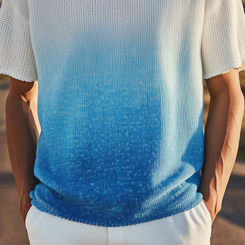 Men's Spring And Summer Fashion Casual Knitted Gradient Hanging Dye Round Neck Short-sleeved T-shirt DTT25070120