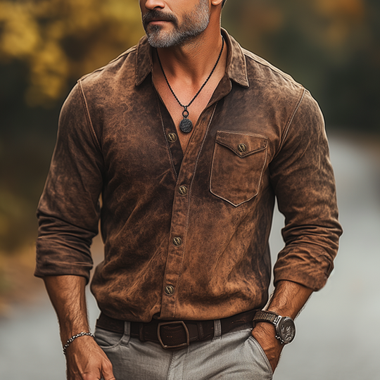 Men's Spring And Autumn Retro Distressed PU Leather Long Sleeve Shirt DTT25082035