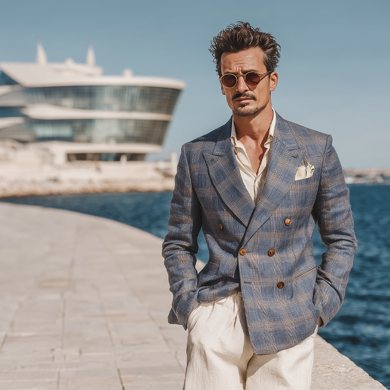 Men's Check Print Double Breasted Blazer DTT25071802