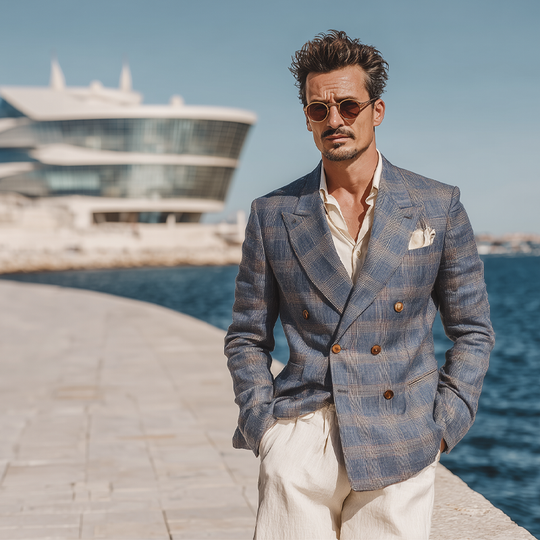 Men's Check Print Double Breasted Blazer DTT25071802
