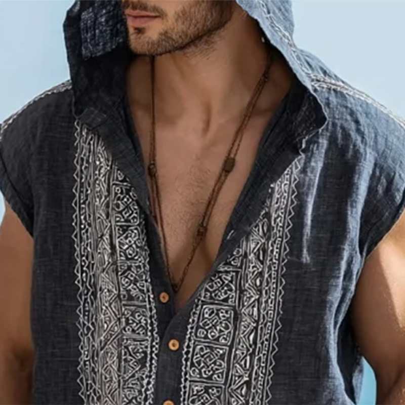 Men's Embroidered Single Breasted Hooded Sleeveless Shirt DTT25071513