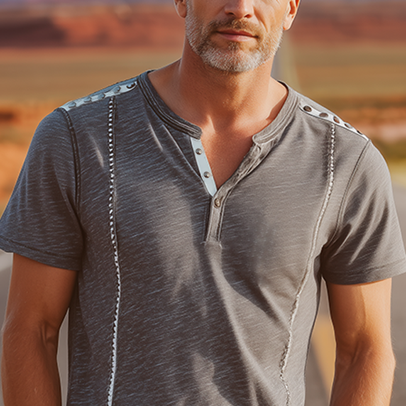 Men's Spring And Summer Fashion Cotton Blended Shoulder Decoration Rivet Henley Neck Short Sleeve T-Shirt DTT25070906