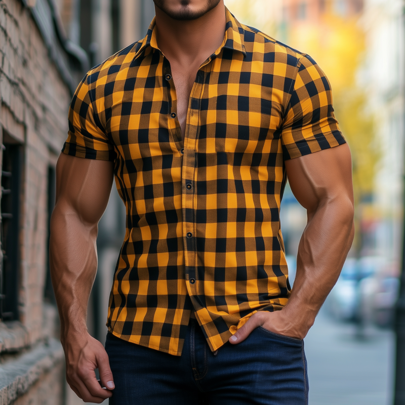 Men's Casual Breathable Cotton Plaid Lapel Slim Fit Short Sleeve Shirt DTT25061613