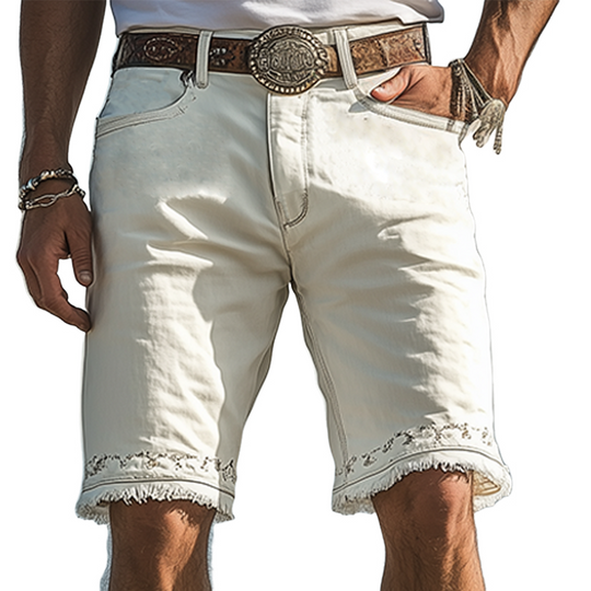 Men's Spring And Summer Fashion Western Tough Style Washed Denim Embroidery Raw Edge Casual Shorts DTT25060602