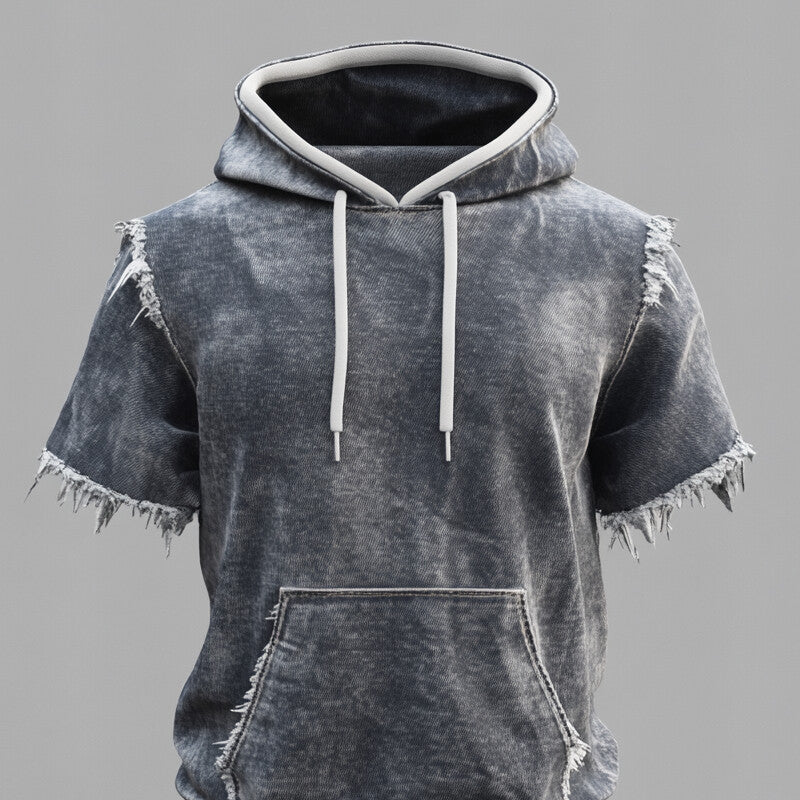 Men's Faded Denim Raw Edge Pocket Short Sleeve Drawstring Hoodie 9913235308728