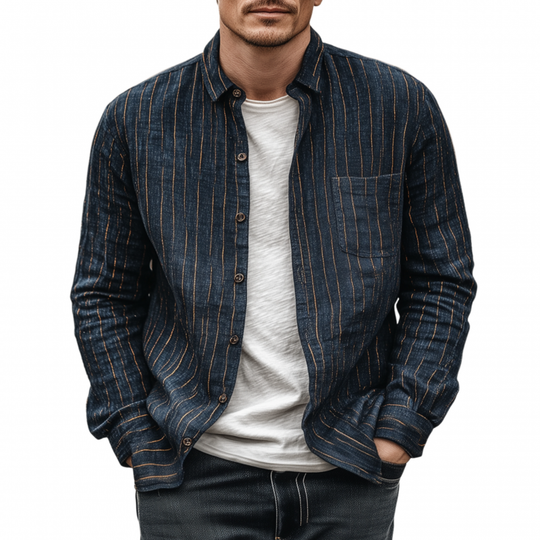 Men's Casual Breathable Linen Striped Lapel Patch Pocket Slim Fit Long Sleeve Shirt DTT25072206