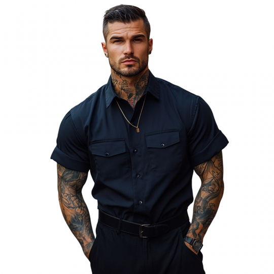 Men's Casual Breathable Cotton Lapel Chest Pocket Loose Short Sleeve Work Shirt DTT25060903