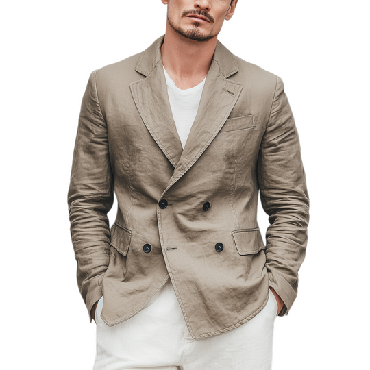 Men's Classic Casual Cotton And Linen Blend Solid Color Double Breasted Blazer DTT25073013