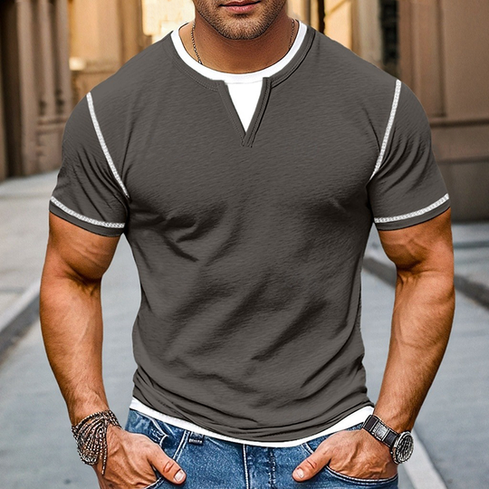 Men's Contrast Color V-Neck Cotton Blend Short Sleeve T-Shirt DTT25072408