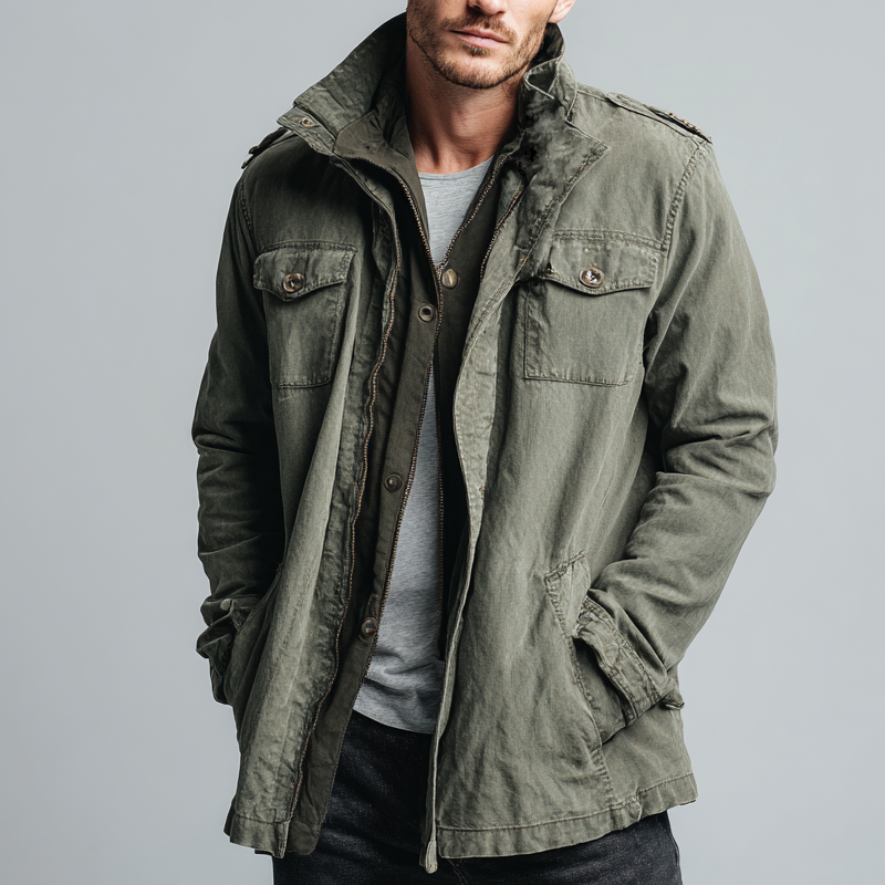 Men's Vintage Washed Denim Stand Collar Mid-length Coat DTT25081117