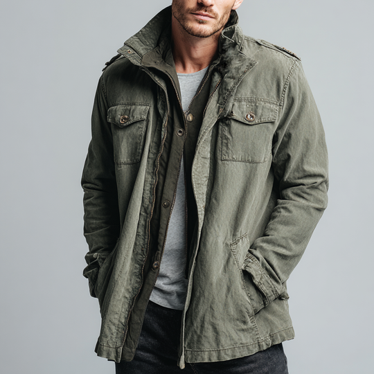 Men's Vintage Washed Denim Stand Collar Mid-length Coat DTT25081117
