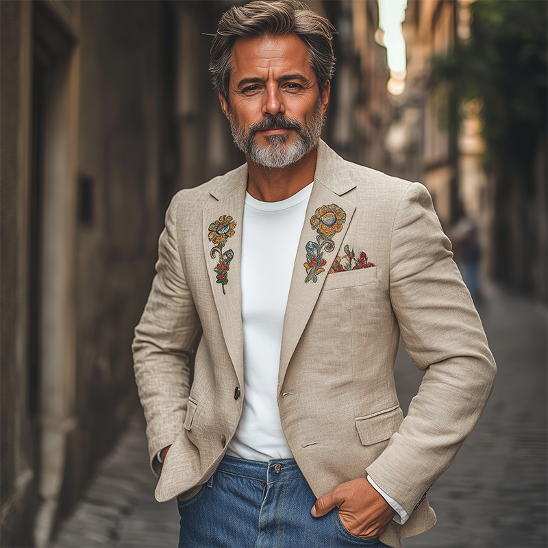 Men's Classic Casual Spring Thin Cotton And Linen Embroidery Slim Fit Single Breasted Blazer DTT25061017