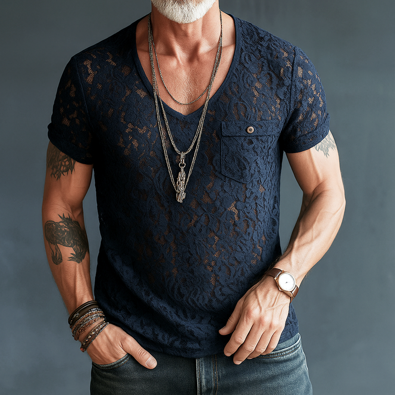 Men's Lace V Neck Chest Pocket Short Sleeve T-shirt DTT25062504