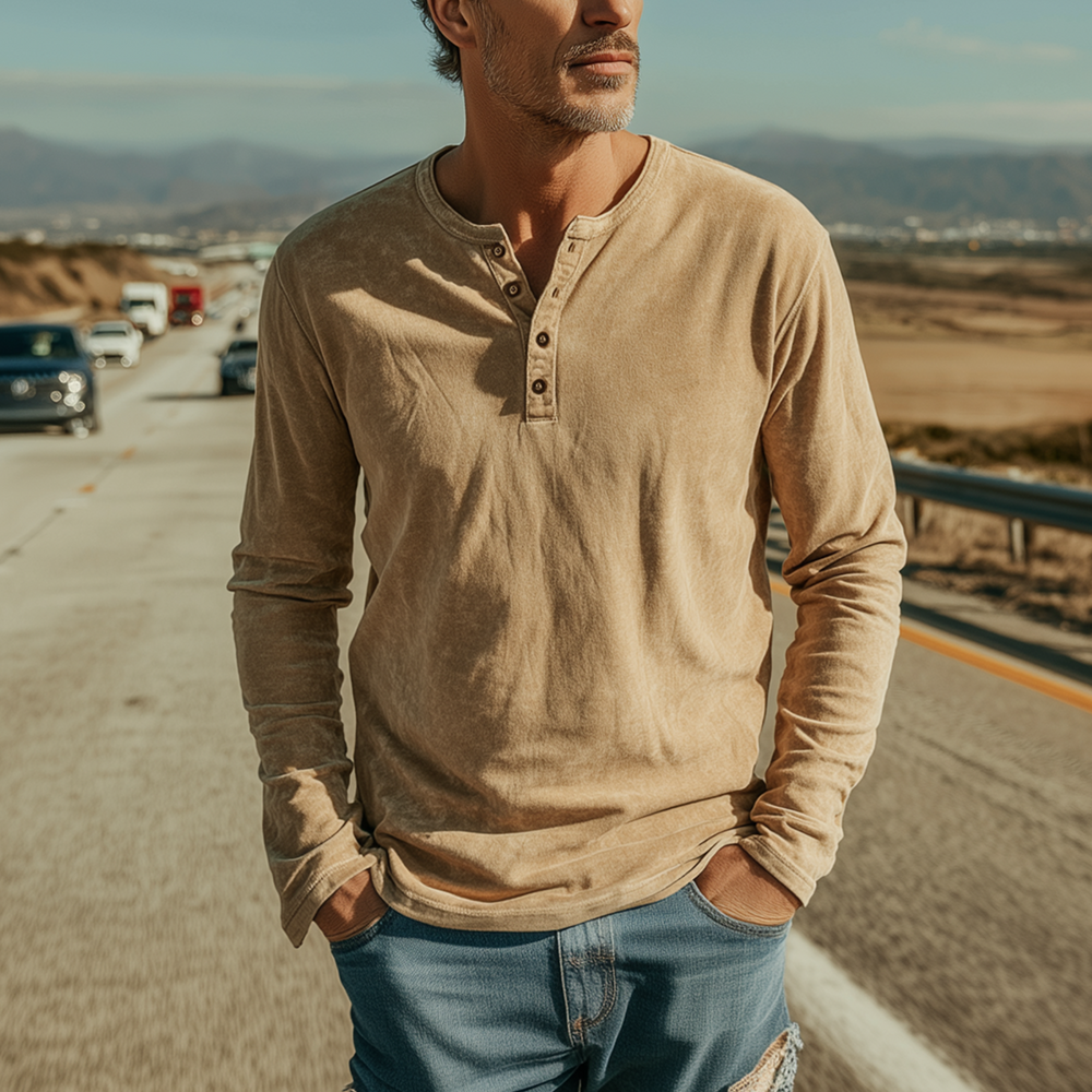 Men's Casual Western Style Henley Neck Thin Suede Long Sleeve T-Shirt DTT25080114