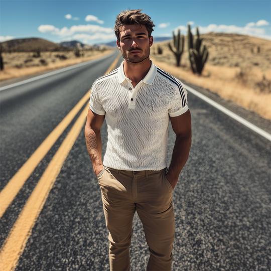 Men's Spring And Summer Fashion Casual Knitted Patchwork Striped Short-sleeved Polo Shirt DTT25070118
