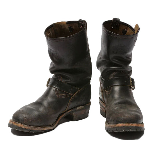 Men's Vintage Triple Stitched Black Horsehide Brass Buckle Boots 9891526017208