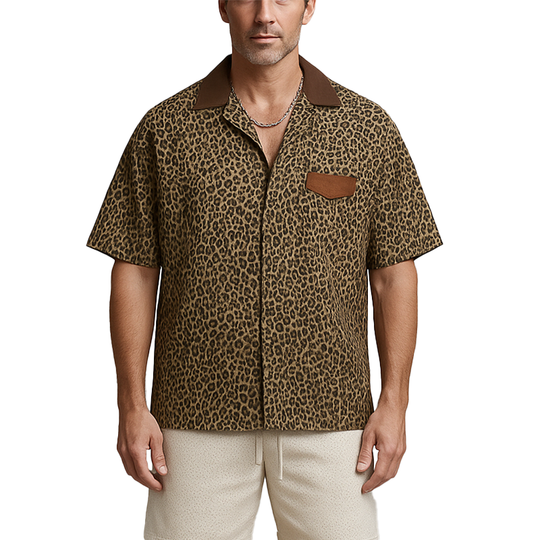 Men's Summer Fashion Leopard Print Cotton Blend Short Sleeve Shirt DTT25071018