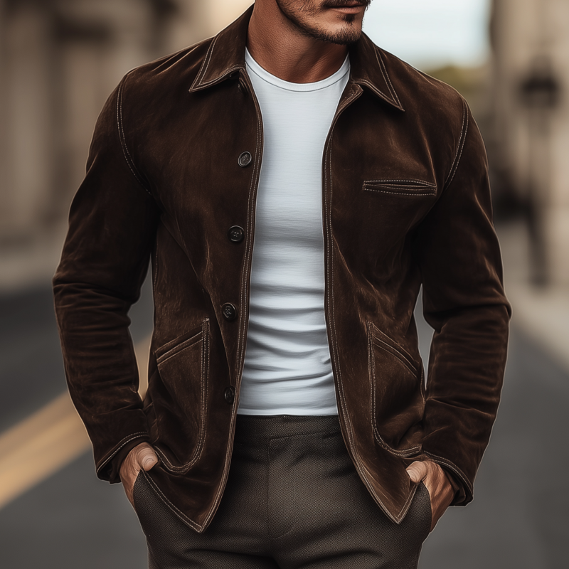 Men's Vintage Casual Solid Color Faux Suede Lapel Single Breasted Slim Fit Jacket DTT25081815