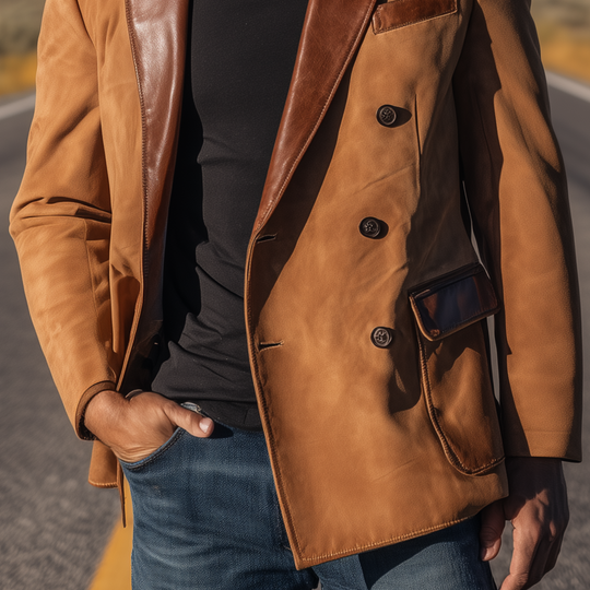 Men's Classic Retro Western Cowboy Style Suede Double-breasted Collar Splicing PU Leather Slim-fit Blazer DTT25080718