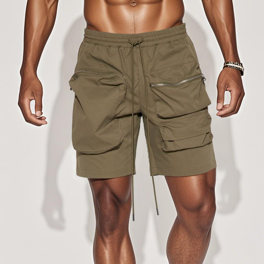 Men's Fashion Solid Color Elastic Waist Zipper Pocket Cargo Shorts DDT25052804