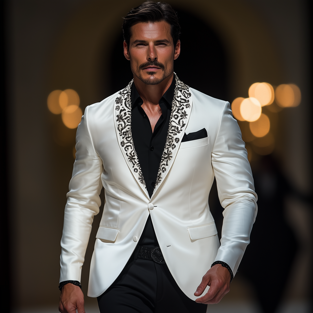 Men's Classic Retro Shawl Collar Embroidery Event Party Satin Slim Fit Single Breasted Blazer DTT25061020