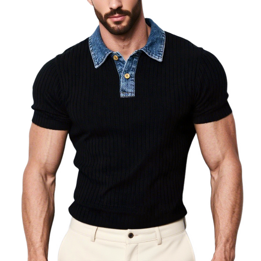 Men's Solid Knit Striped Denim Lapel Short Sleeve Casual Polo Shirt DTT25062518