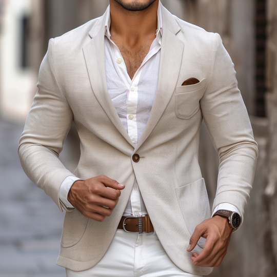 Men's Casual Solid Color Cotton Linen Blend Notch Lapel Single-breasted Slim-fit Blazer DTT25080612