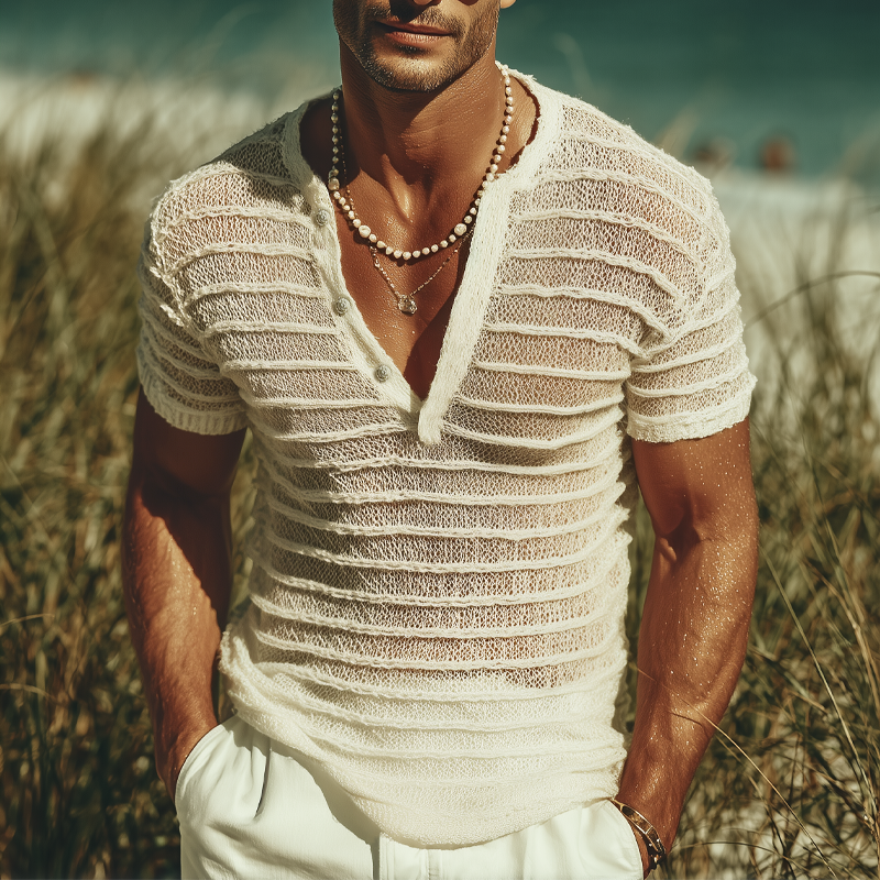 Men's Summer Fashion V-neck Striped Jacquard Knitted Short Sleeve T-shirt DTT25071015