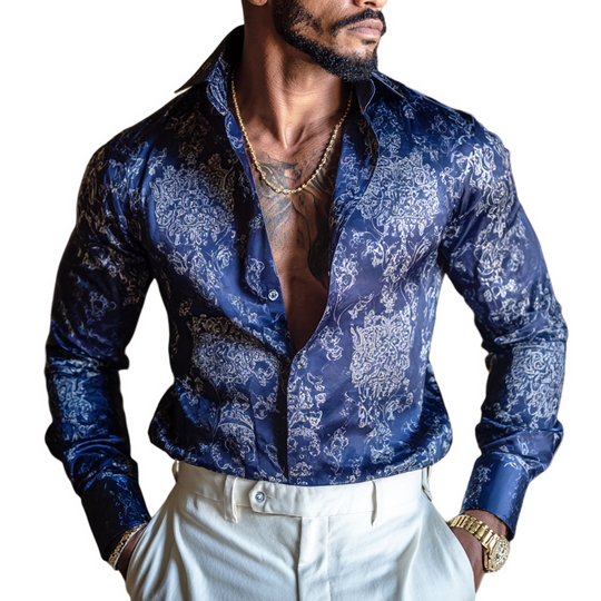 Men's Vintage Print Satin Lapel Long Sleeve Shirt DTT25081401