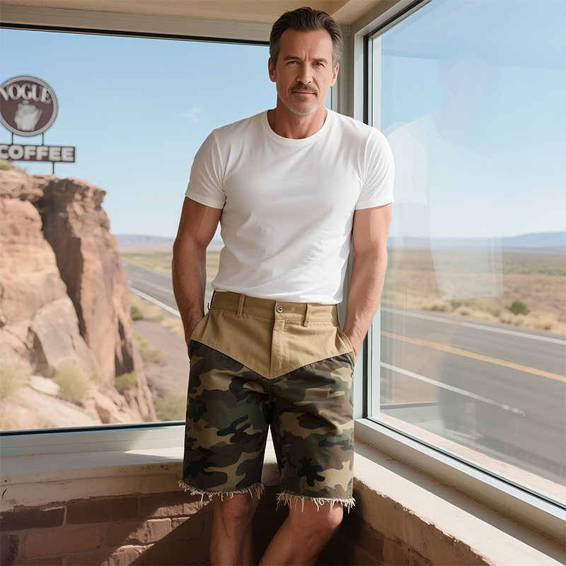 Men's Spring And Summer New American Western Style Cotton Blended Washed Stitching Camouflage Casual Shorts DTT25062011