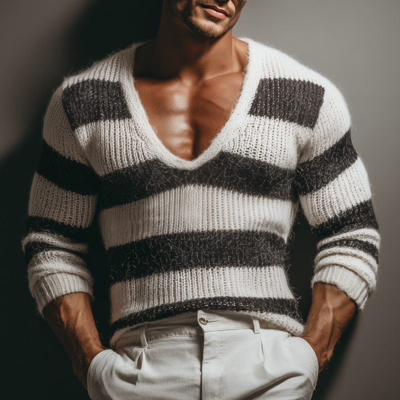 Men's Casual Deep V-neck Contrast Striped Slim Fit Knitted Long-sleeved Sweater DTT25080402