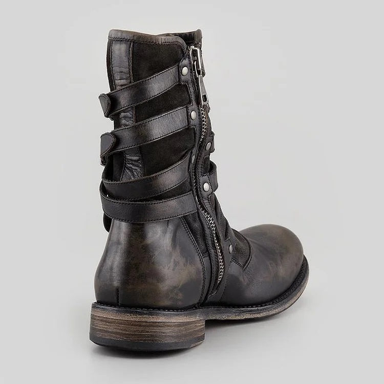Men's Retro Belt Buckle Side Zipper Thick Heel Casual Short Boots 9891526082744