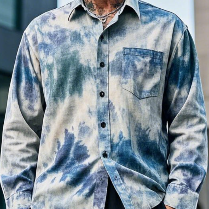 Men's Casual Vintage Lapel Tie-dye Printed Cotton Blend Long-sleeved Shirt 9912947146936