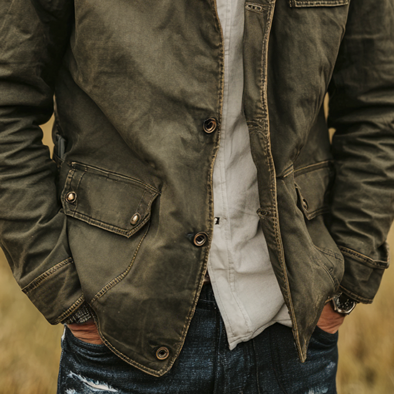 Men's Washed Cotton Stand Collar Multi-pocket Cargo Jacket DTT25090408