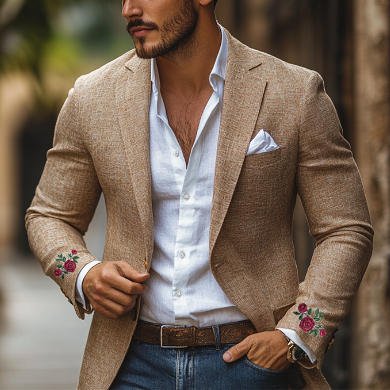 Men's Casual Cuff Rose Embroidery Single-breasted Linen Blazer 9892392042680