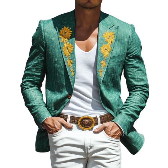 Men’s Spring and Summer Thin Fashion Casual American Retro Western Tough Style Cotton And Linen Texture Embroidery Slim Fit Single-breasted Blazer DTT25061715