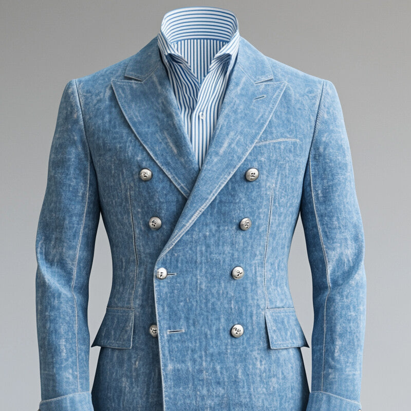 Men's Peak Lapel Metal Double Breasted Long Sleeve Denim Blazer 9917069623480