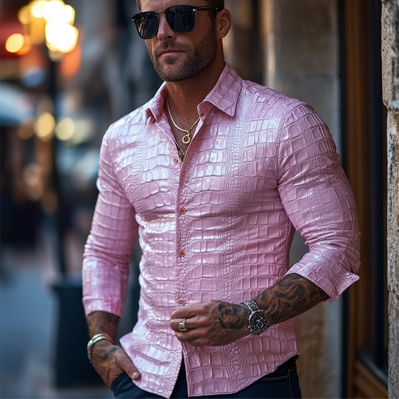 Men's Fashion Slim Fit Solid Color Textured Leather Long Sleeve Shirt 9899713888440