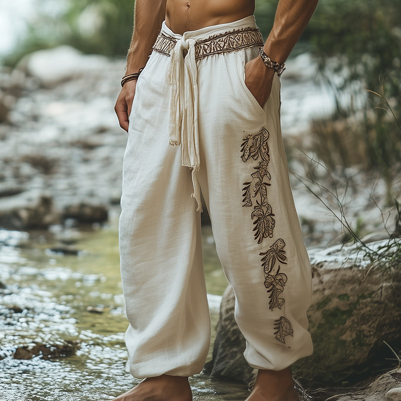 Men's Retro Casual Bohemian Embroidered Linen Trousers 9911546052792