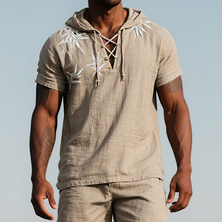 Men's Bamboo Pattern Embroidery Short Sleeve V Neck Hooded T-shirt 9956074455224