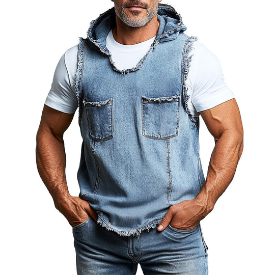 Men's Denim Raw Edge Chest Pocket Sleeveless Hooded Vest 9903588180152