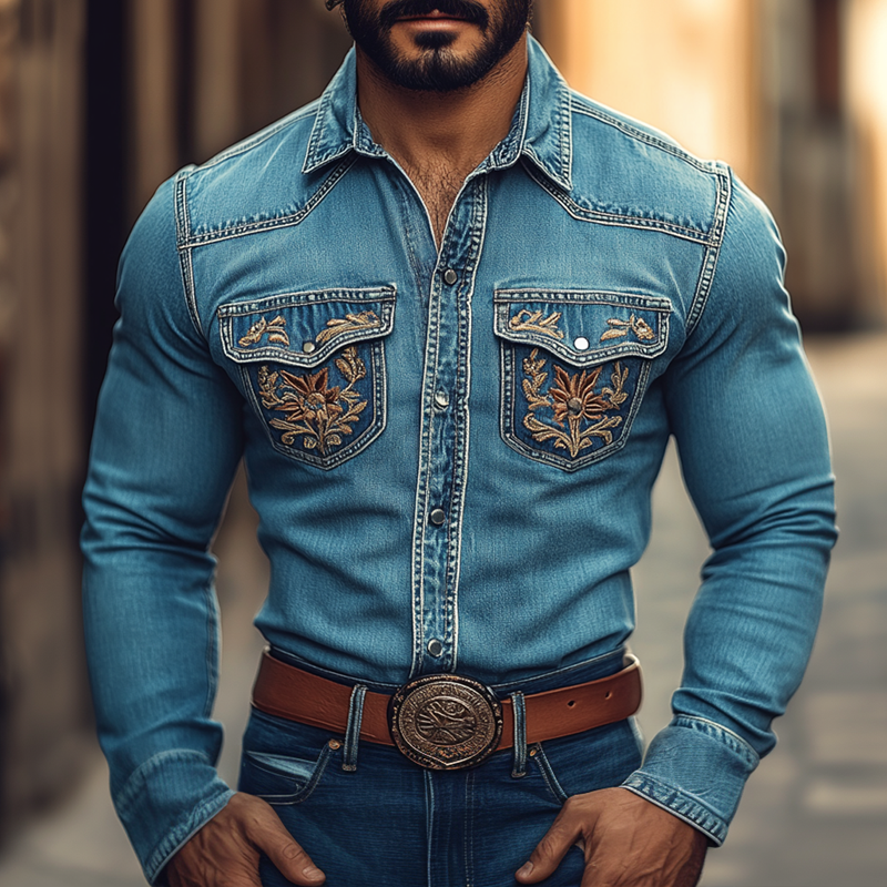 Men's Western Cowboy Style Embroidered Lapel Chest Pocket Long Sleeve Denim Shirt 9905398415544