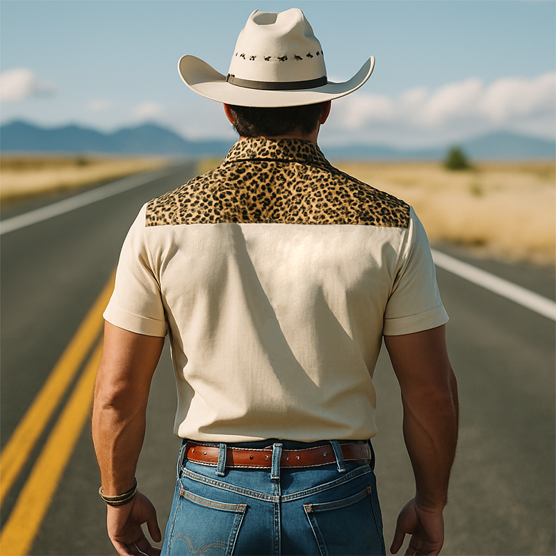 Men's Spring And Summer Classic Retro Western Cowboy Style Cotton Blended Leopard Print Slim Short-Sleeved Shirt DDT25052919