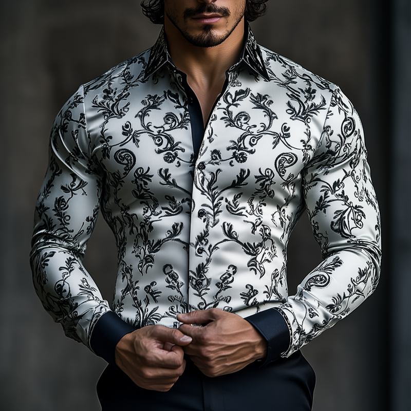 Men's Vintage Jacquard Embroidered Satin Lapel Long Sleeve Shirt 9893974081720