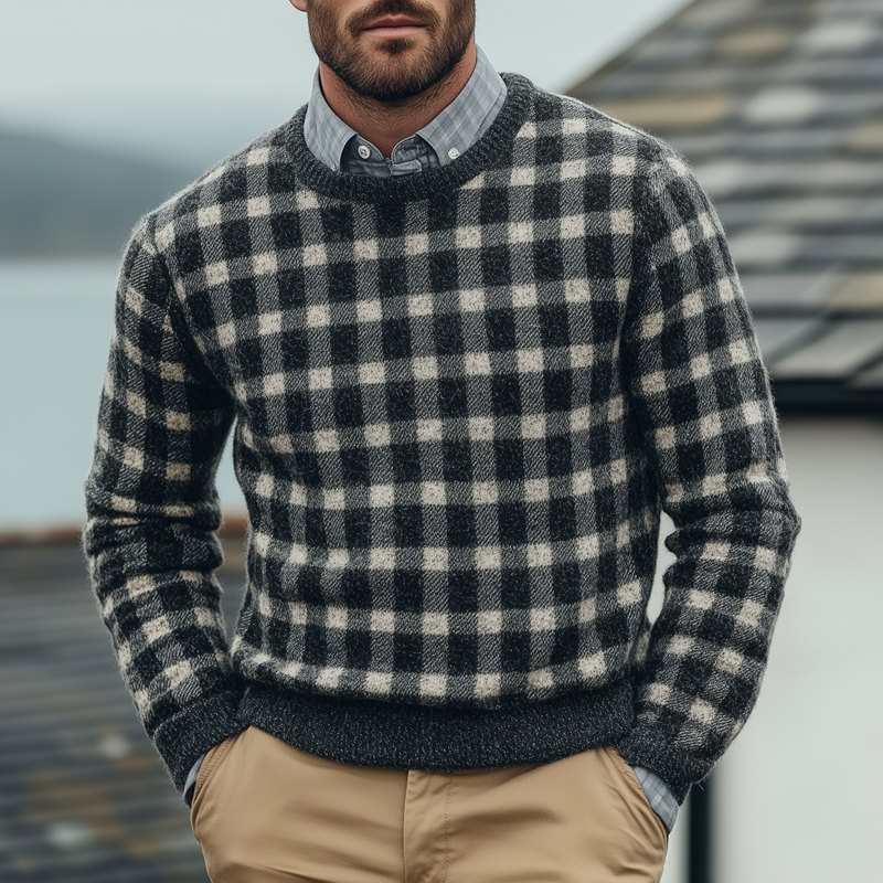 Men's Fashion Checked Round Neck Long Sleeve Knit Sweater 9890060632248