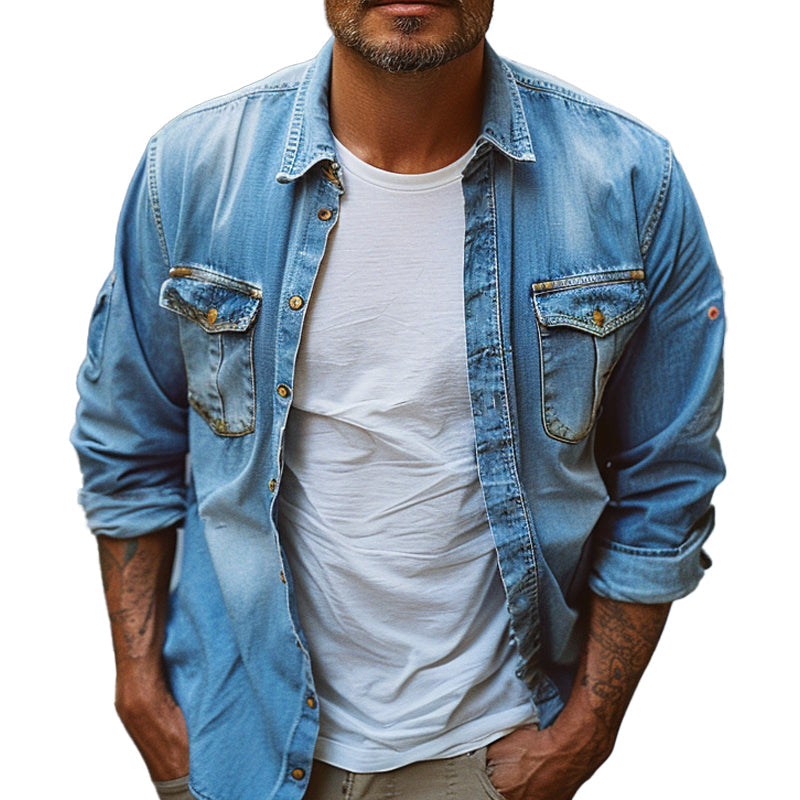 Men's Casual Lapel Denim Long Sleeve Shirt 9894194872504